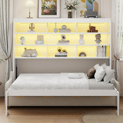 Queen Size Murphy Cabinet Bed with Folding Sofa,Built-in Storage Shelves and LED Light,Beige
