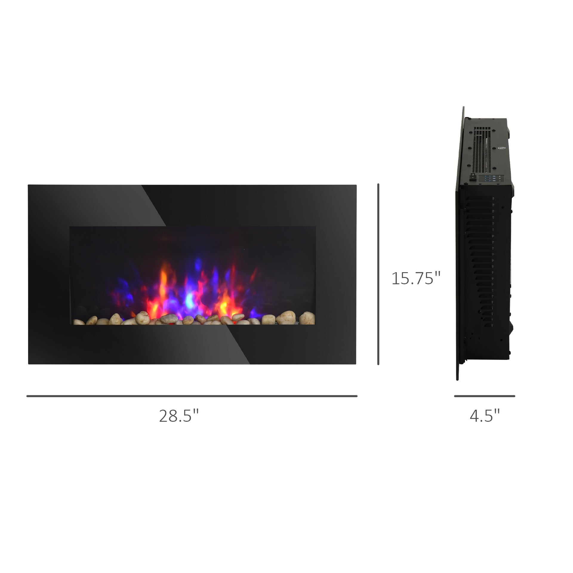 28.5" 1500W Electric Wall-Mounted Fireplace with Flame Effect, 7 Color Background Light, Black