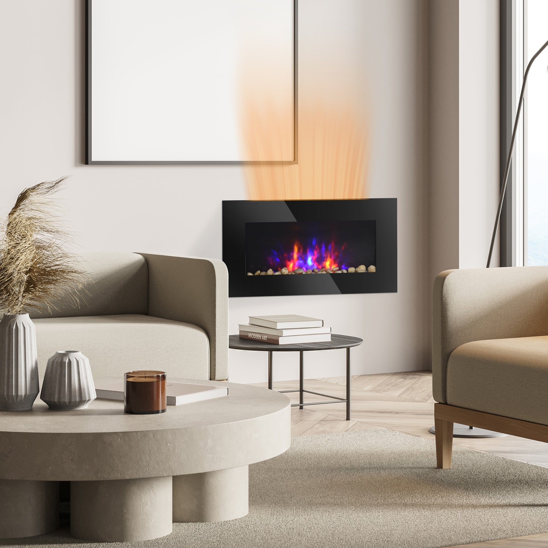 28.5" 1500W Electric Wall-Mounted Fireplace with Flame Effect, 7 Color Background Light, Black