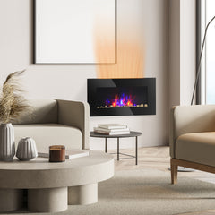 28.5" 1500W Electric Wall-Mounted Fireplace with Flame Effect, 7 Color Background Light, Black