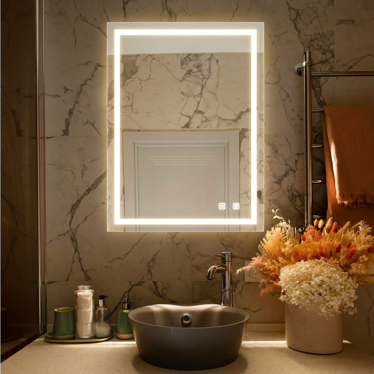 32x24inch Bathroom Led Classy Vanity Mirror with focused backplane,High Lumen,Dimmable Touch,Wall Switch Control, Anti-Fog ,CRI 95 Adjustable 3000K-4500K-6000K ,IP54 Waterproof  Vertical & Horizontal