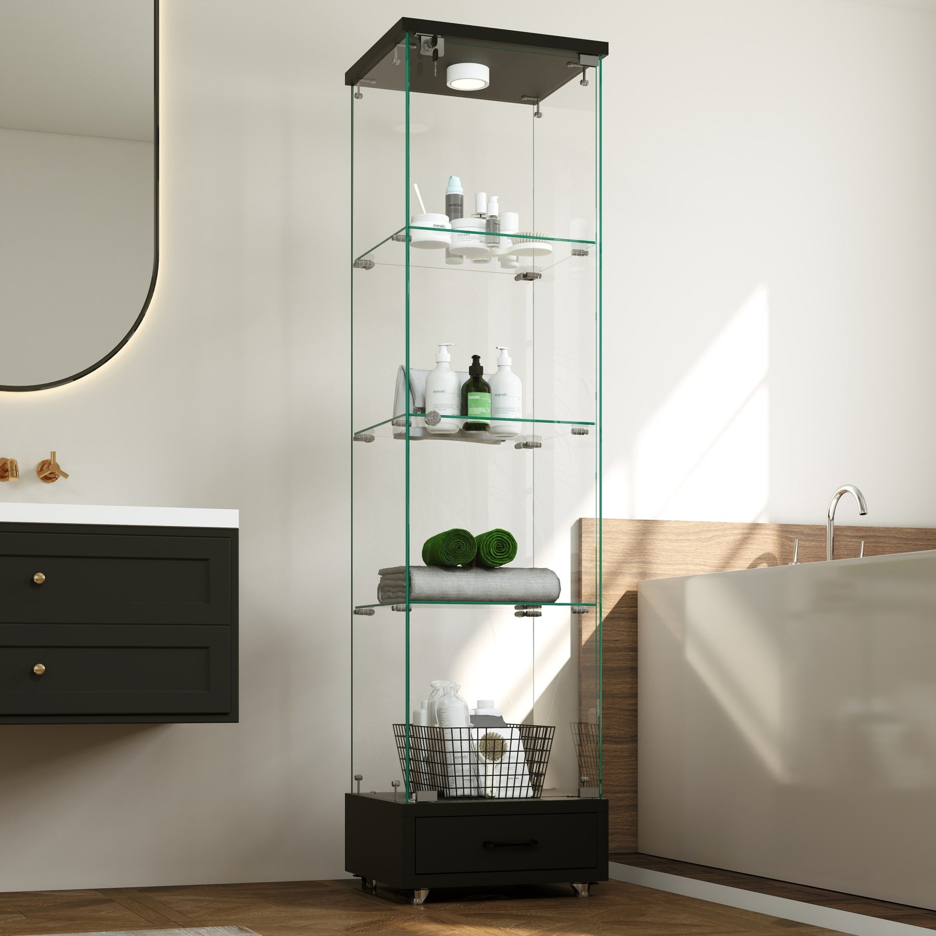 Modern Glass Display Cabinet with Drawer , Quick-assembly Antique Cabinet with LED lights, Tempered Glass Bookshelf,  1-Door Storage Case with 4 Shelves  for Living Room and Bedroom, black