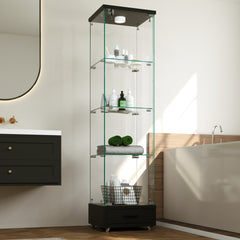 Modern Glass Display Cabinet with Drawer , Quick-assembly Antique Cabinet with LED lights, Tempered Glass Bookshelf,  1-Door Storage Case with 4 Shelves  for Living Room and Bedroom, black