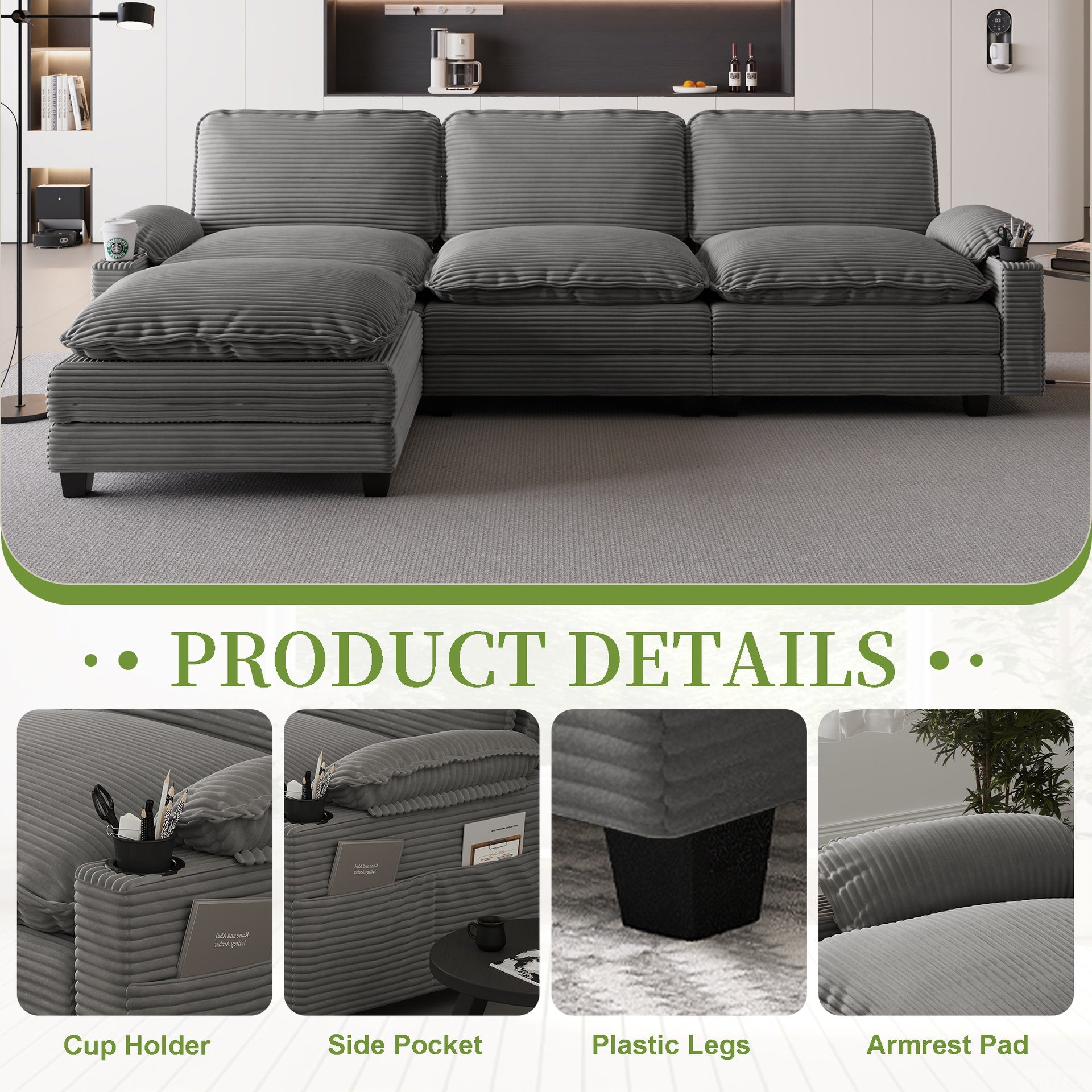 113" Modern 3+1 L-Shaped Corduroy Fabric Sofa,Modular Sectional Cloud Couch W/Ottoman,35D High-resilience Sponge&Double-layer Thick Cushion,Cup Holders,Storage Bags,Couches For Living Room,Apartment.