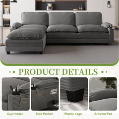 113" Modern 3+1 L-Shaped Corduroy Fabric Sofa,Modular Sectional Cloud Couch W/Ottoman,35D High-resilience Sponge&Double-layer Thick Cushion,Cup Holders,Storage Bags,Couches For Living Room,Apartment.