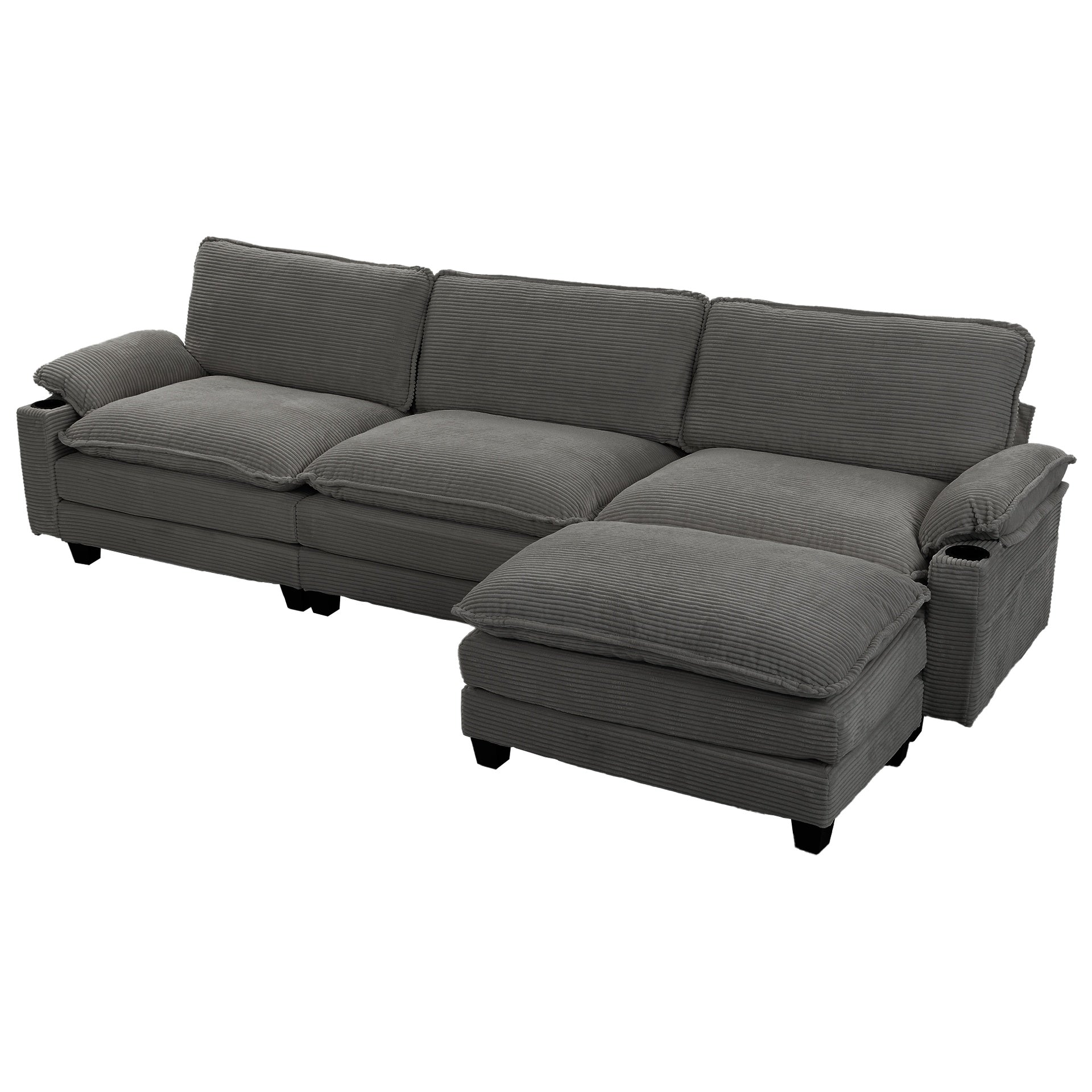 113" Modern 3+1 L-Shaped Corduroy Fabric Sofa,Modular Sectional Cloud Couch W/Ottoman,35D High-resilience Sponge&Double-layer Thick Cushion,Cup Holders,Storage Bags,Couches For Living Room,Apartment.