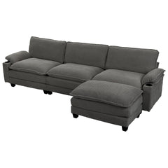 113" Modern 3+1 L-Shaped Corduroy Fabric Sofa,Modular Sectional Cloud Couch W/Ottoman,35D High-resilience Sponge&Double-layer Thick Cushion,Cup Holders,Storage Bags,Couches For Living Room,Apartment.