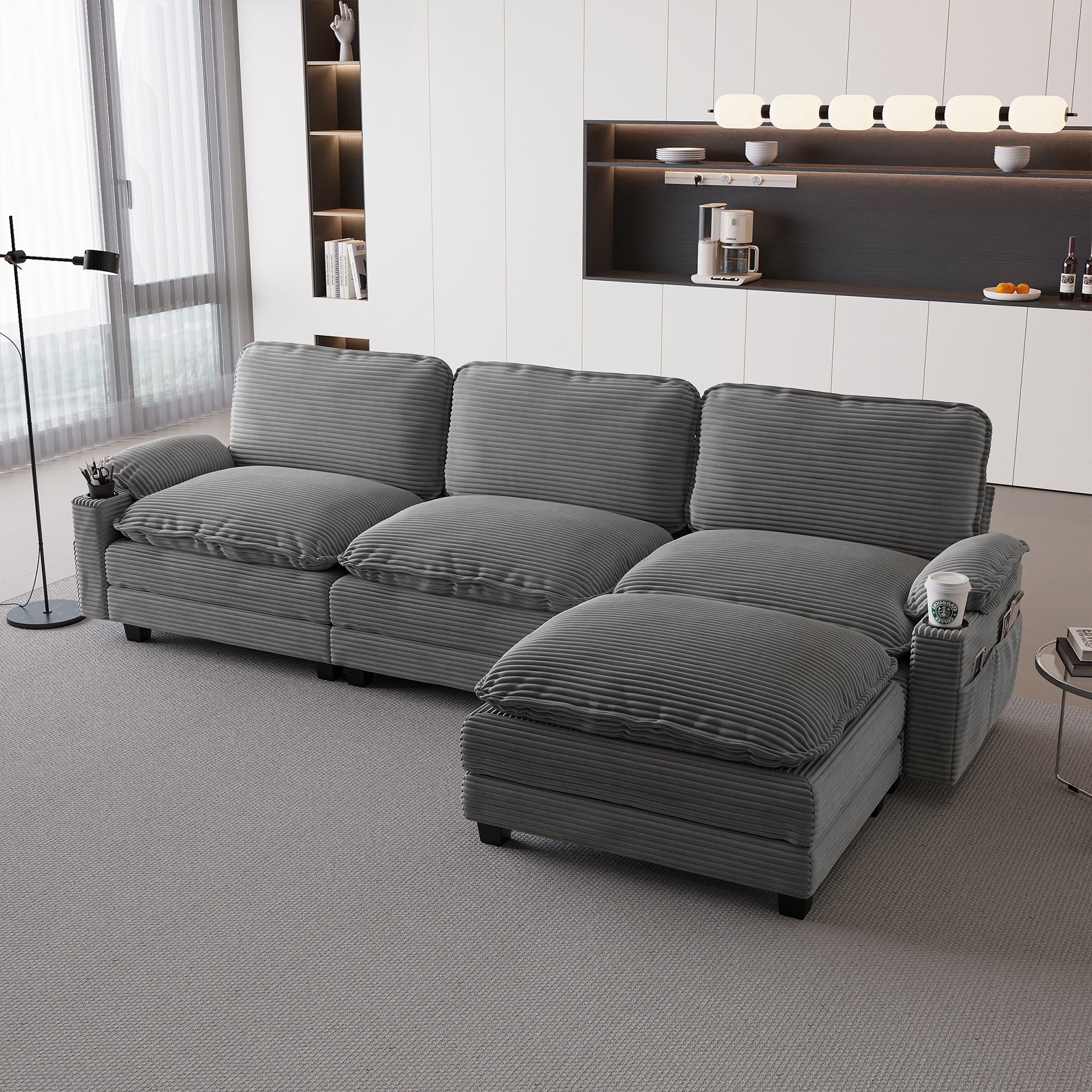 113" Modern 3+1 L-Shaped Corduroy Fabric Sofa,Modular Sectional Cloud Couch W/Ottoman,35D High-resilience Sponge&Double-layer Thick Cushion,Cup Holders,Storage Bags,Couches For Living Room,Apartment.