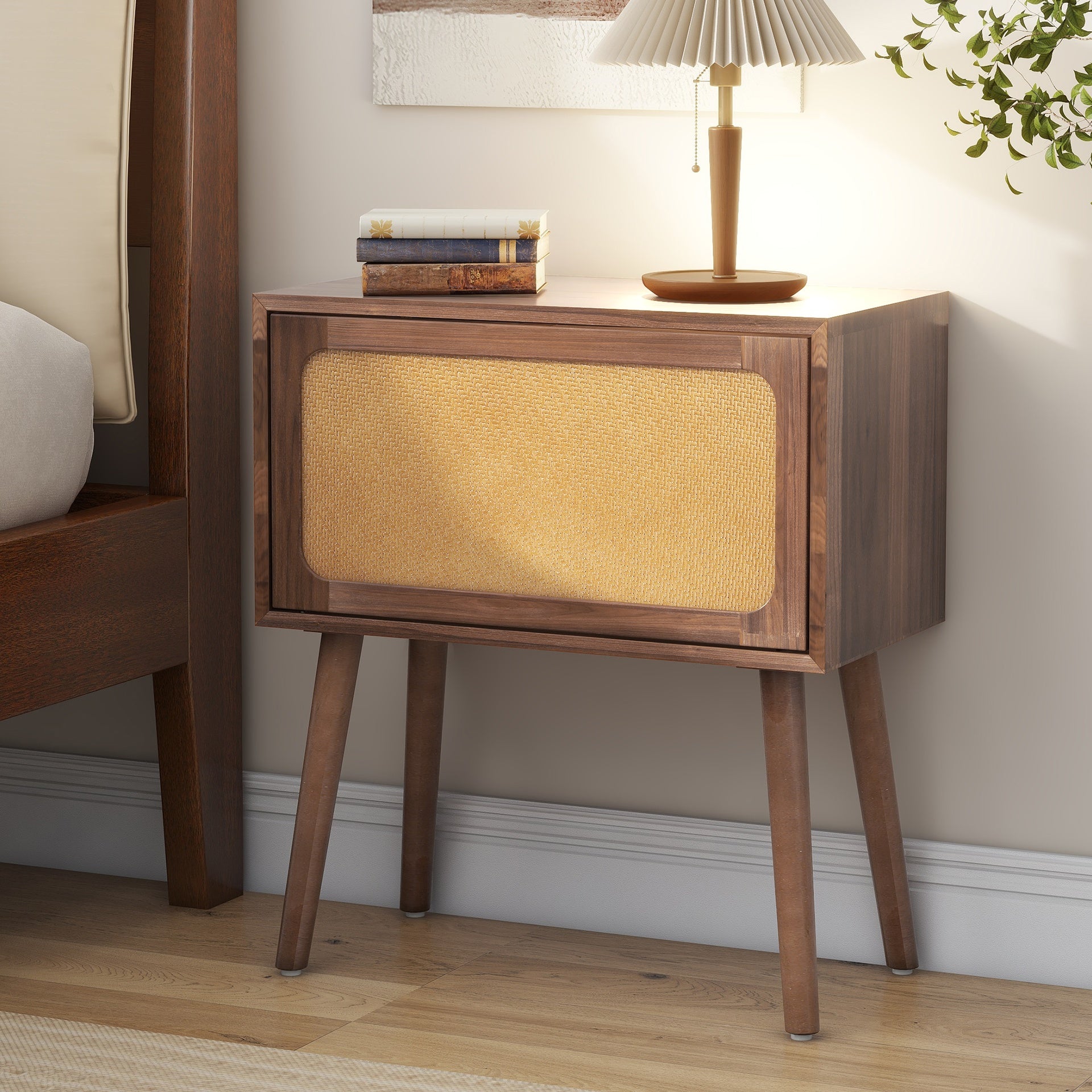 Rotating Hidden Compartment Nightstands, Mid Century Modern Concealment Furniture, Rattan Bed Side Table, Compartment End Table with Wood Legs, Bedside Tables for Bedroom, Living Room, Dorm,Walnut