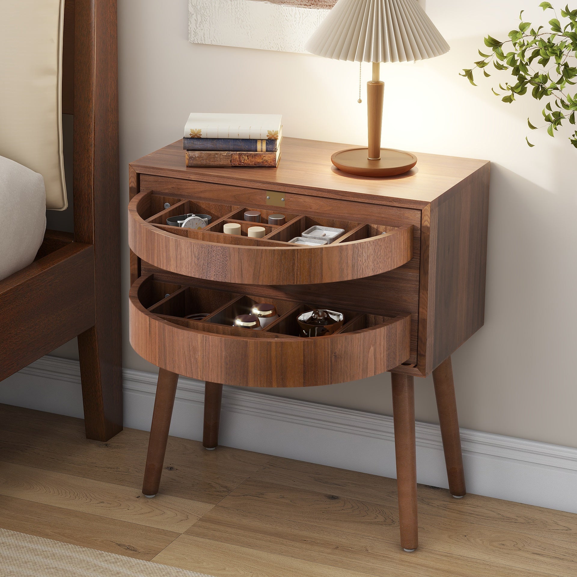 Rotating Hidden Compartment Nightstands, Mid Century Modern Concealment Furniture, Rattan Bed Side Table, Compartment End Table with Wood Legs, Bedside Tables for Bedroom, Living Room, Dorm,Walnut