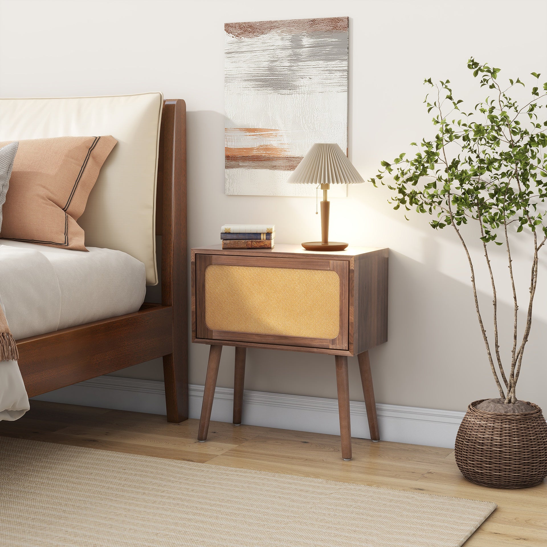 Rotating Hidden Compartment Nightstands, Mid Century Modern Concealment Furniture, Rattan Bed Side Table, Compartment End Table with Wood Legs, Bedside Tables for Bedroom, Living Room, Dorm,Walnut