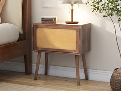 Rotating Hidden Compartment Nightstands, Mid Century Modern Concealment Furniture, Rattan Bed Side Table, Compartment End Table with Wood Legs, Bedside Tables for Bedroom, Living Room, Dorm,Walnut