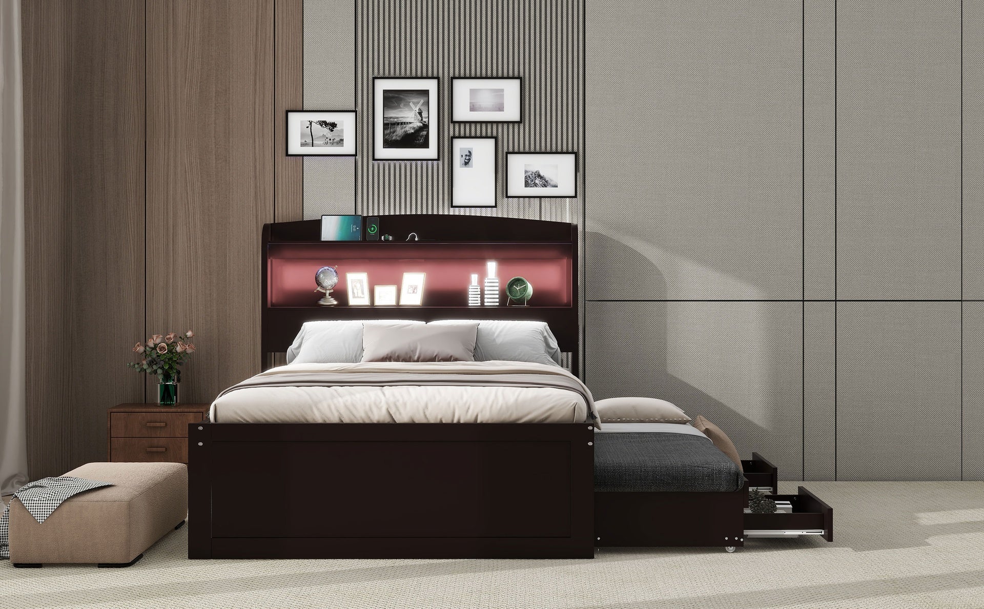 Twin XL Size Platform Bed with Storage LED Headboard, Charging Station, Twin Size Trundle and 2 Drawers, Dark Brown