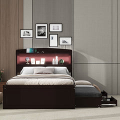 Twin XL Size Platform Bed with Storage LED Headboard, Charging Station, Twin Size Trundle and 2 Drawers, Dark Brown