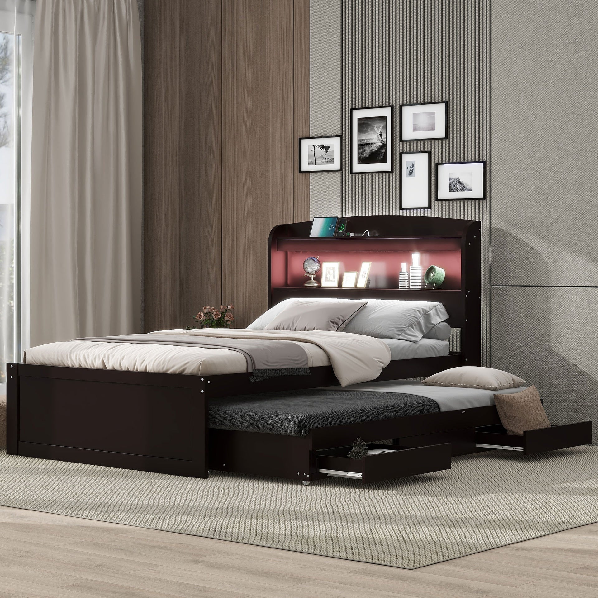 Twin XL Size Platform Bed with Storage LED Headboard, Charging Station, Twin Size Trundle and 2 Drawers, Dark Brown
