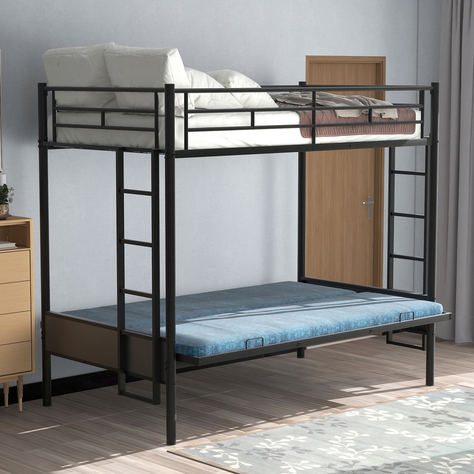 Twin over Full Metal Bunk Bed, Multi-Function,Black(OLD SKU:MF286650AAB)