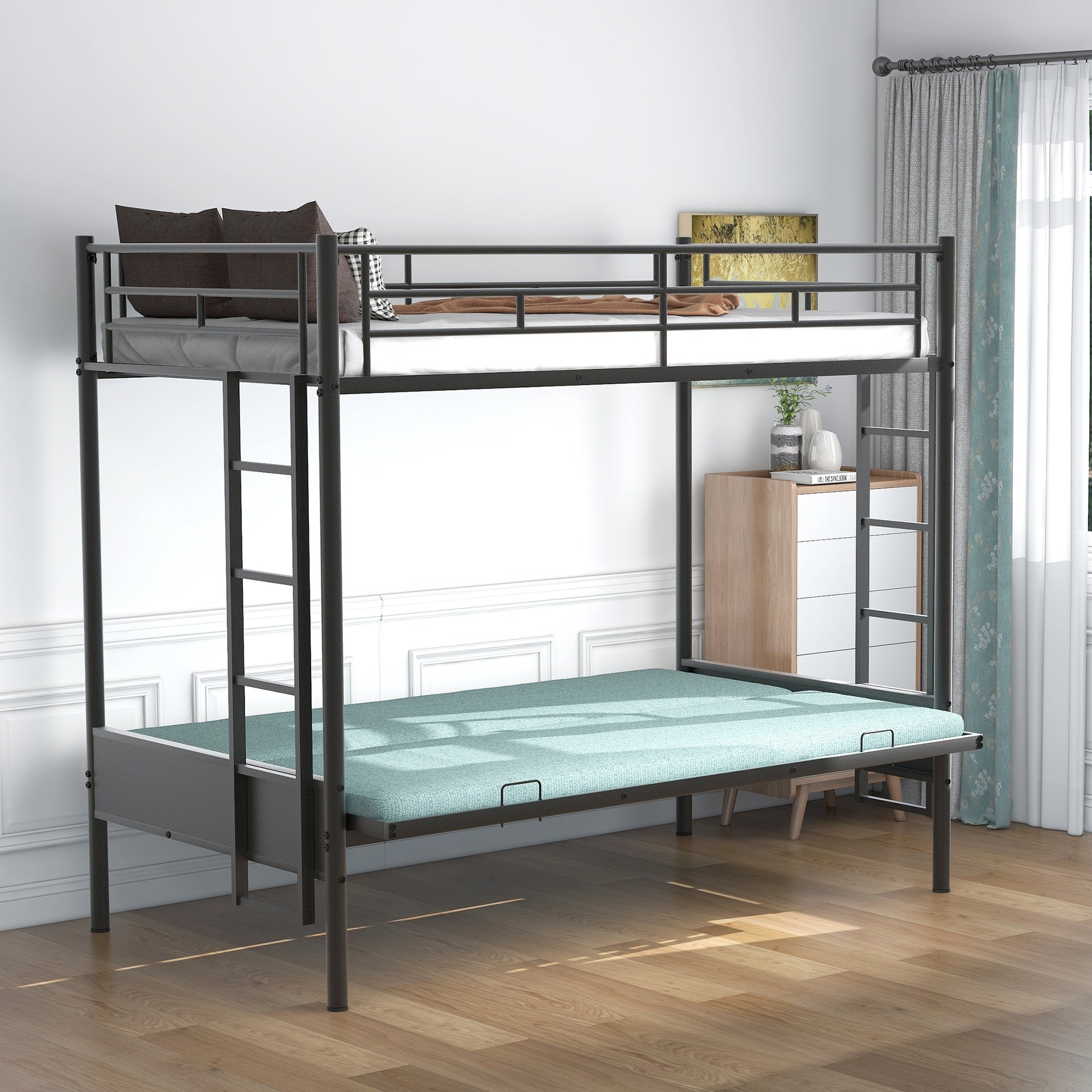 Twin over Full Metal Bunk Bed, Multi-Function,Black(OLD SKU:MF286650AAB)