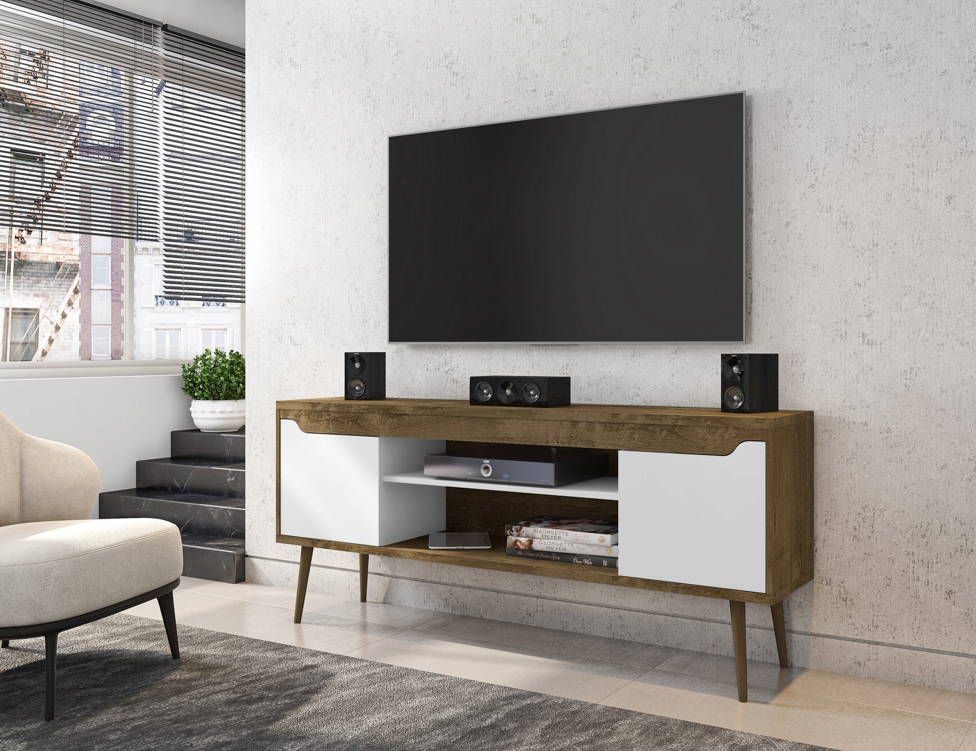 TV Stand in Rustic Brown and White