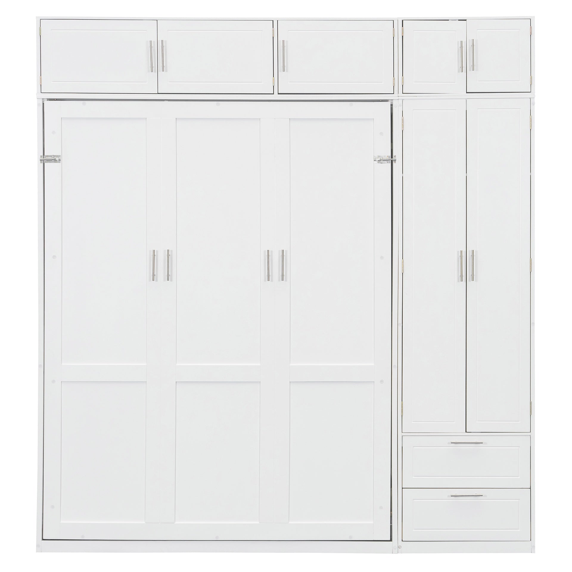 Queen Size Wall Murphy Bed with Top Cabinet,Shelves  and  Wardrobe, Space Saving Foldable Bed,White
