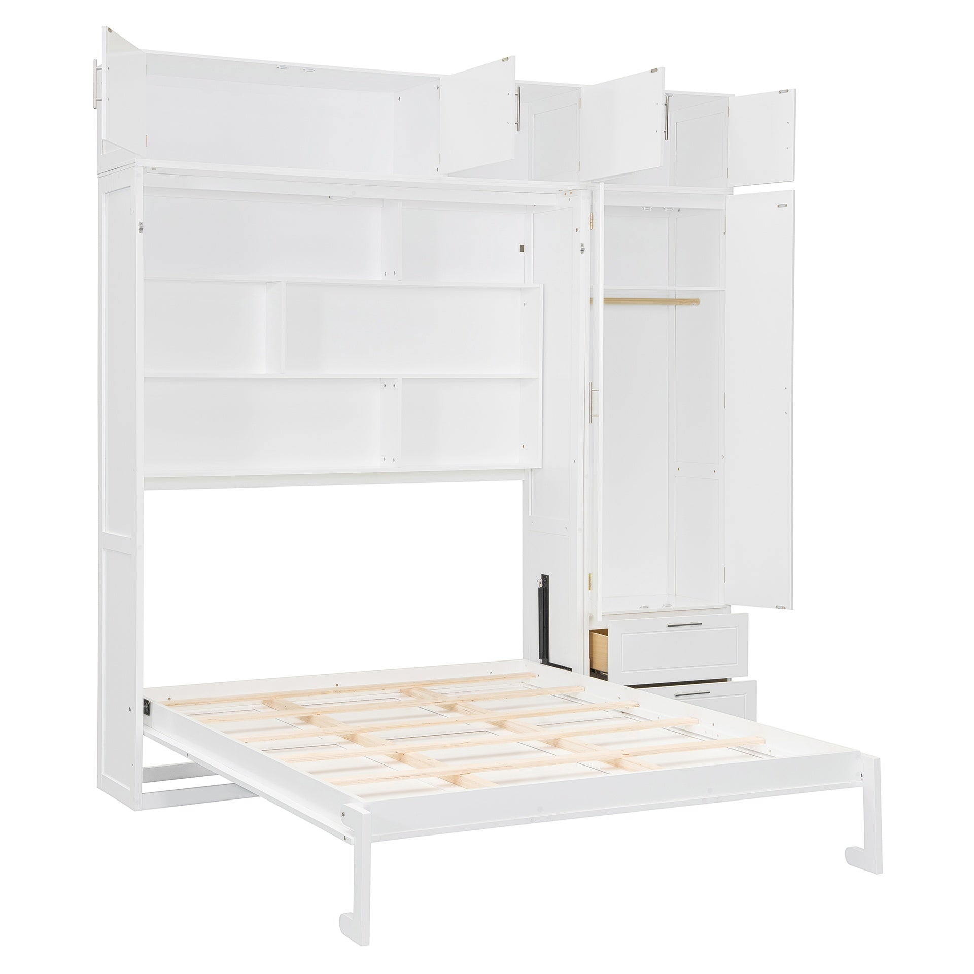 Queen Size Wall Murphy Bed with Top Cabinet,Shelves  and  Wardrobe, Space Saving Foldable Bed,White