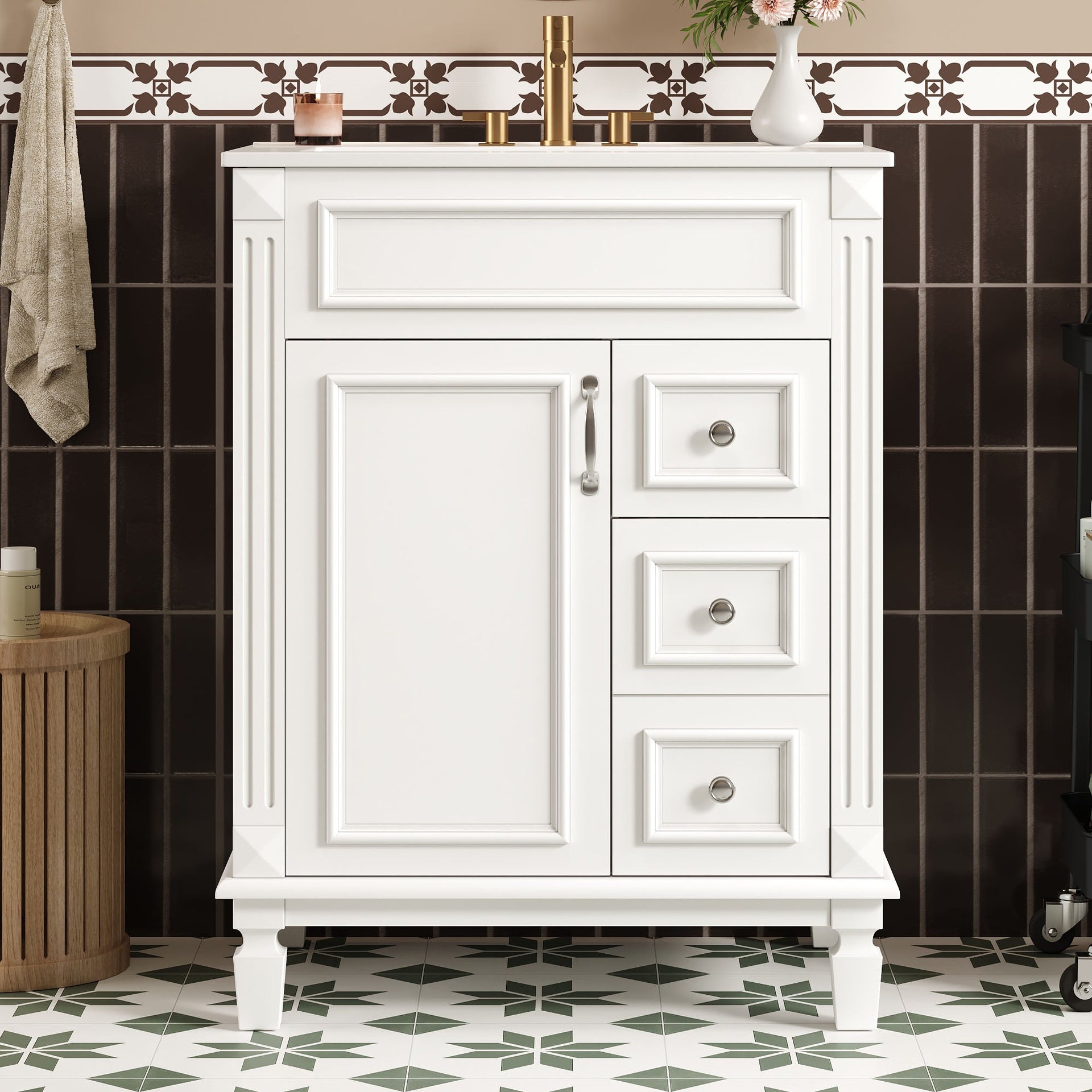 24" Bathroom Vanity with Ceramic Sink, Small Bathroom Sink Cabinet, Modern Cabinet with 2 Drawers and Adjustable Shelf