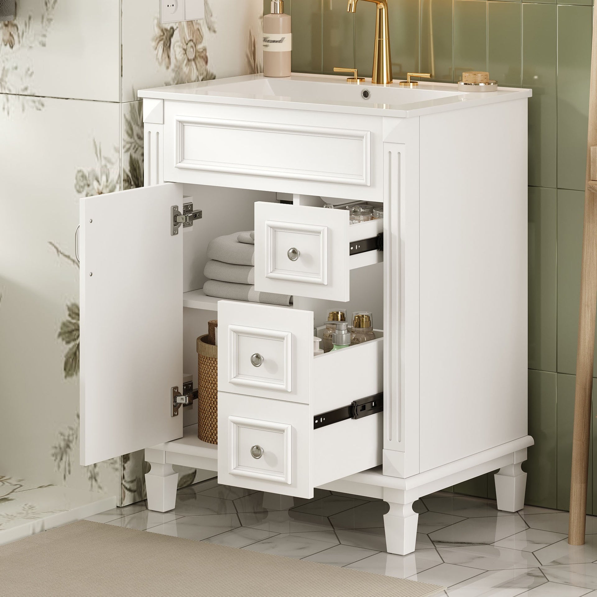 24" Bathroom Vanity with Ceramic Sink, Small Bathroom Sink Cabinet, Modern Cabinet with 2 Drawers and Adjustable Shelf