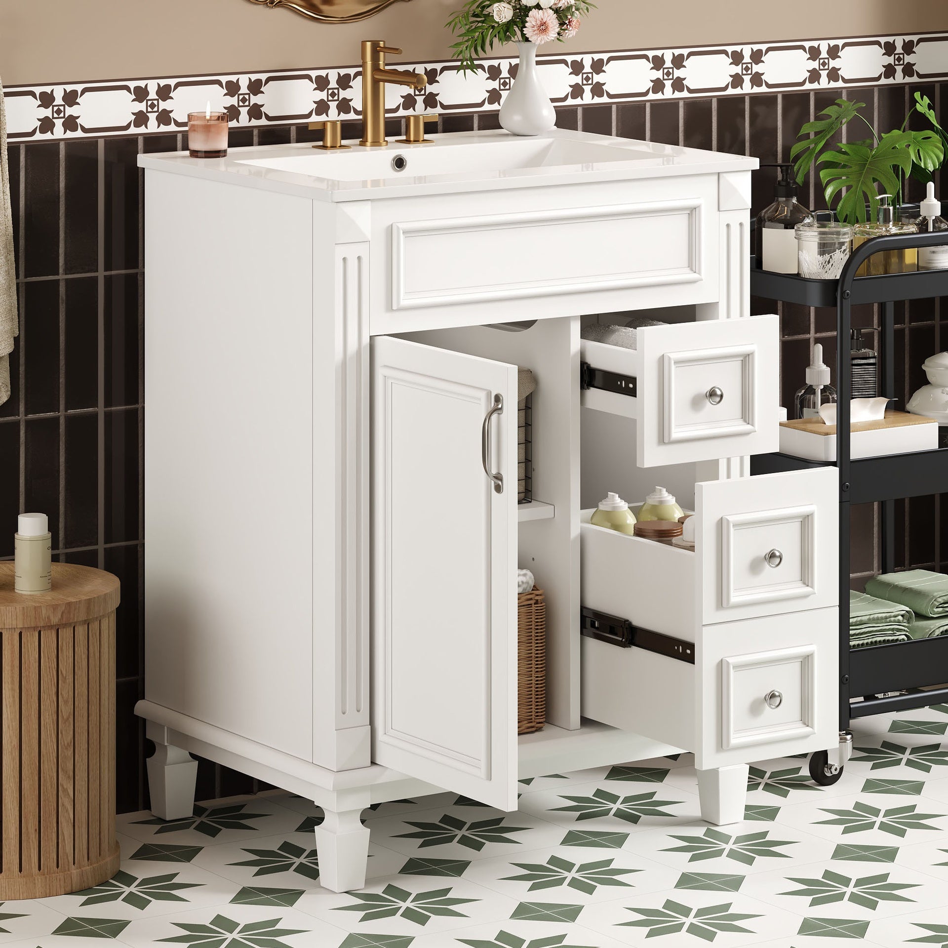24" Bathroom Vanity with Ceramic Sink, Small Bathroom Sink Cabinet, Modern Cabinet with 2 Drawers and Adjustable Shelf