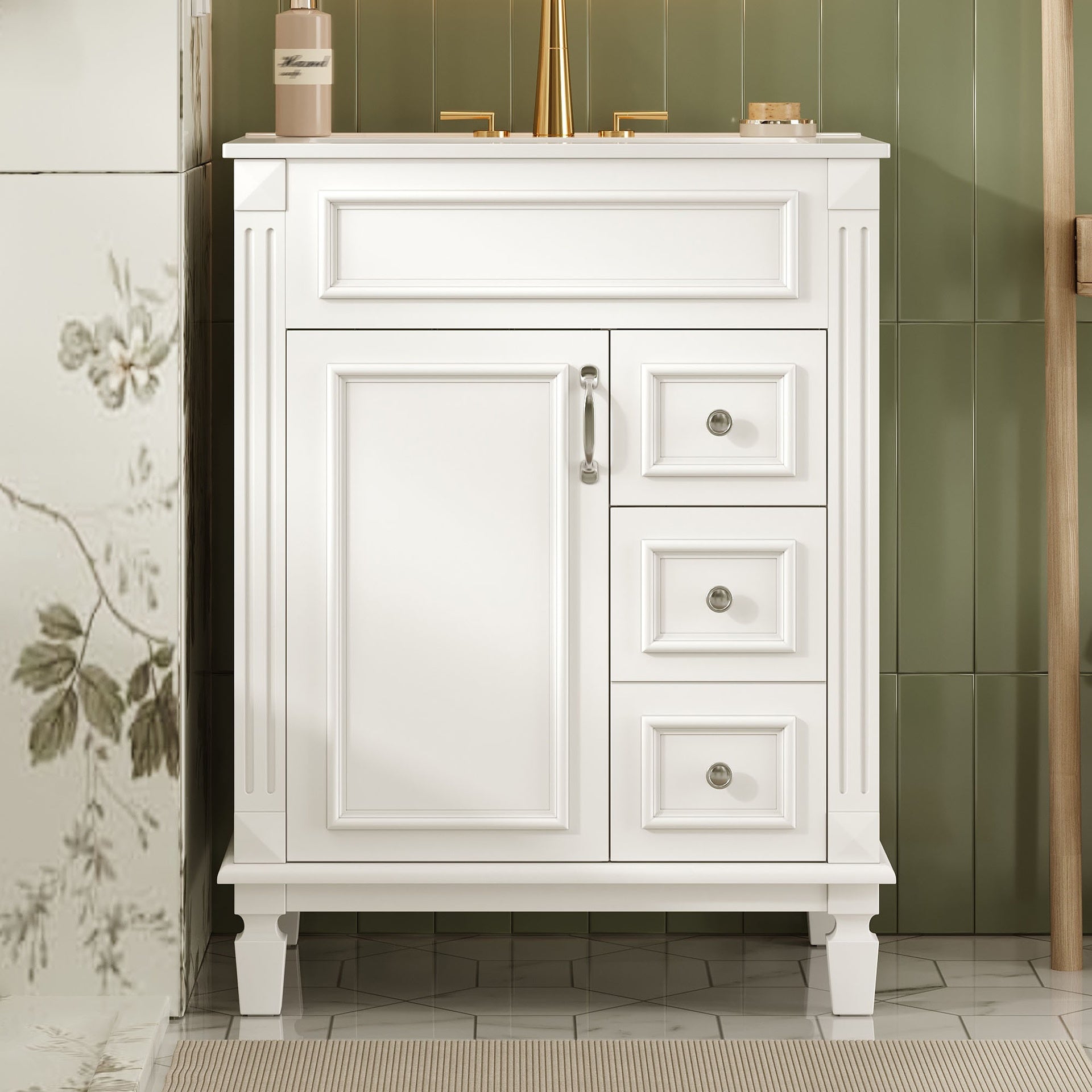 24" Bathroom Vanity with Ceramic Sink, Small Bathroom Sink Cabinet, Modern Cabinet with 2 Drawers and Adjustable Shelf