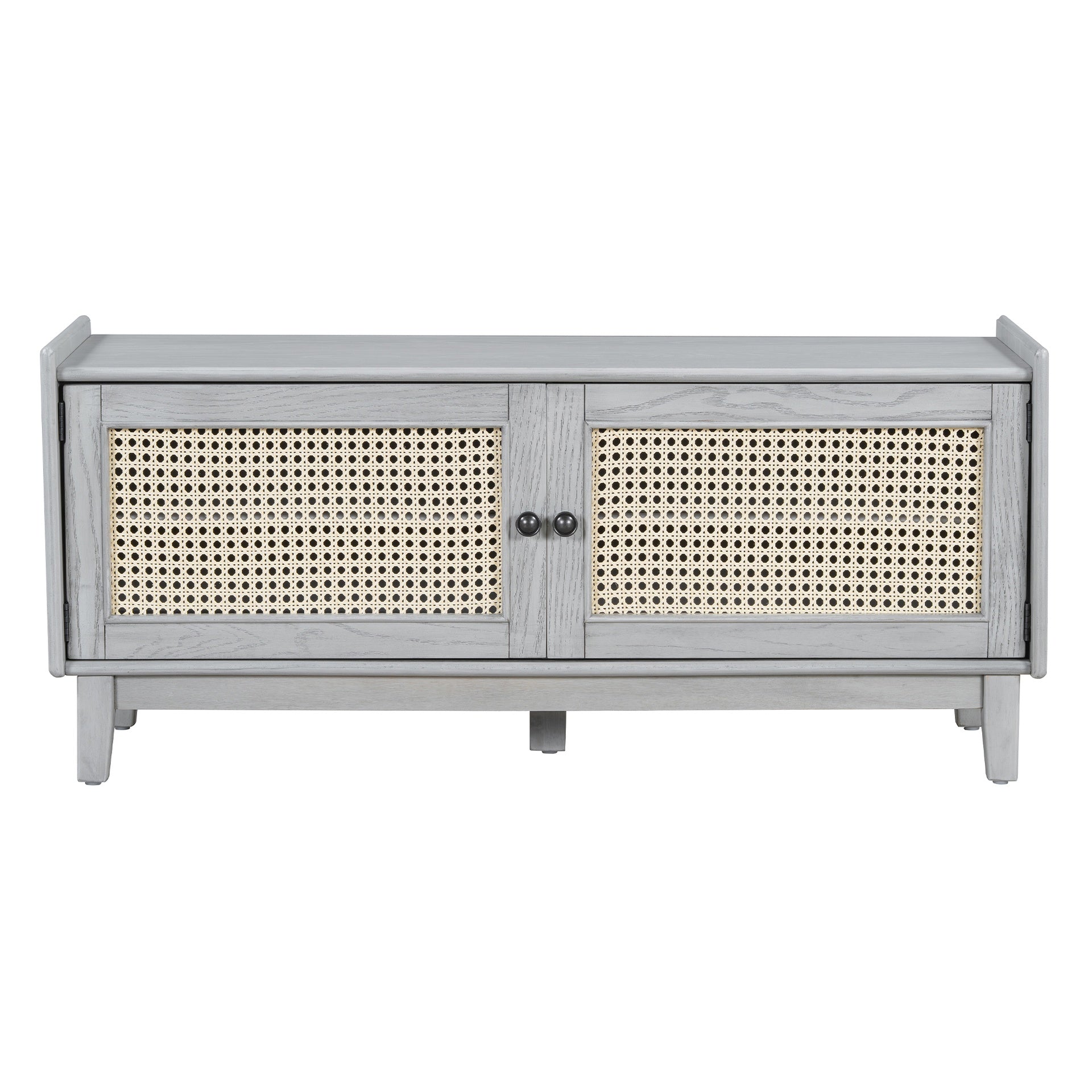 TREXM Boho Rattan Entryway Bench with Storage, Cushioned Shoe Bench with Double Doors, Wooden Shoe Organizer Bench for Entryway and Hallway (Gray Wash+Beige )
