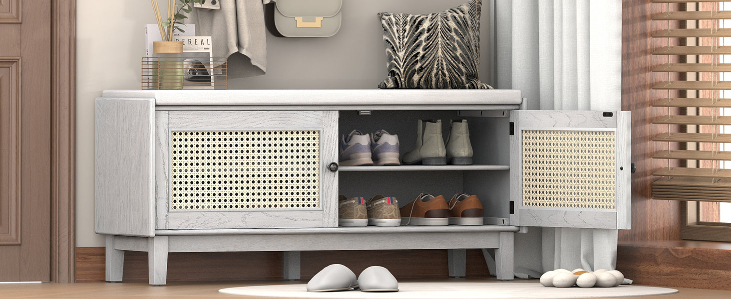 TREXM Boho Rattan Entryway Bench with Storage, Cushioned Shoe Bench with Double Doors, Wooden Shoe Organizer Bench for Entryway and Hallway (Gray Wash+Beige )