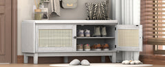 TREXM Boho Rattan Entryway Bench with Storage, Cushioned Shoe Bench with Double Doors, Wooden Shoe Organizer Bench for Entryway and Hallway (Gray Wash+Beige )