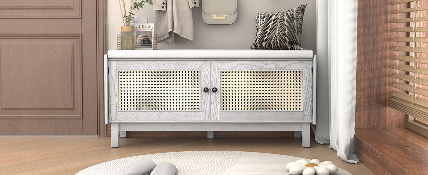 TREXM Boho Rattan Entryway Bench with Storage, Cushioned Shoe Bench with Double Doors, Wooden Shoe Organizer Bench for Entryway and Hallway (Gray Wash+Beige )