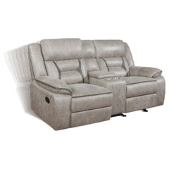 Brazelton Taupe Upholstered Glider Loveseat with Console