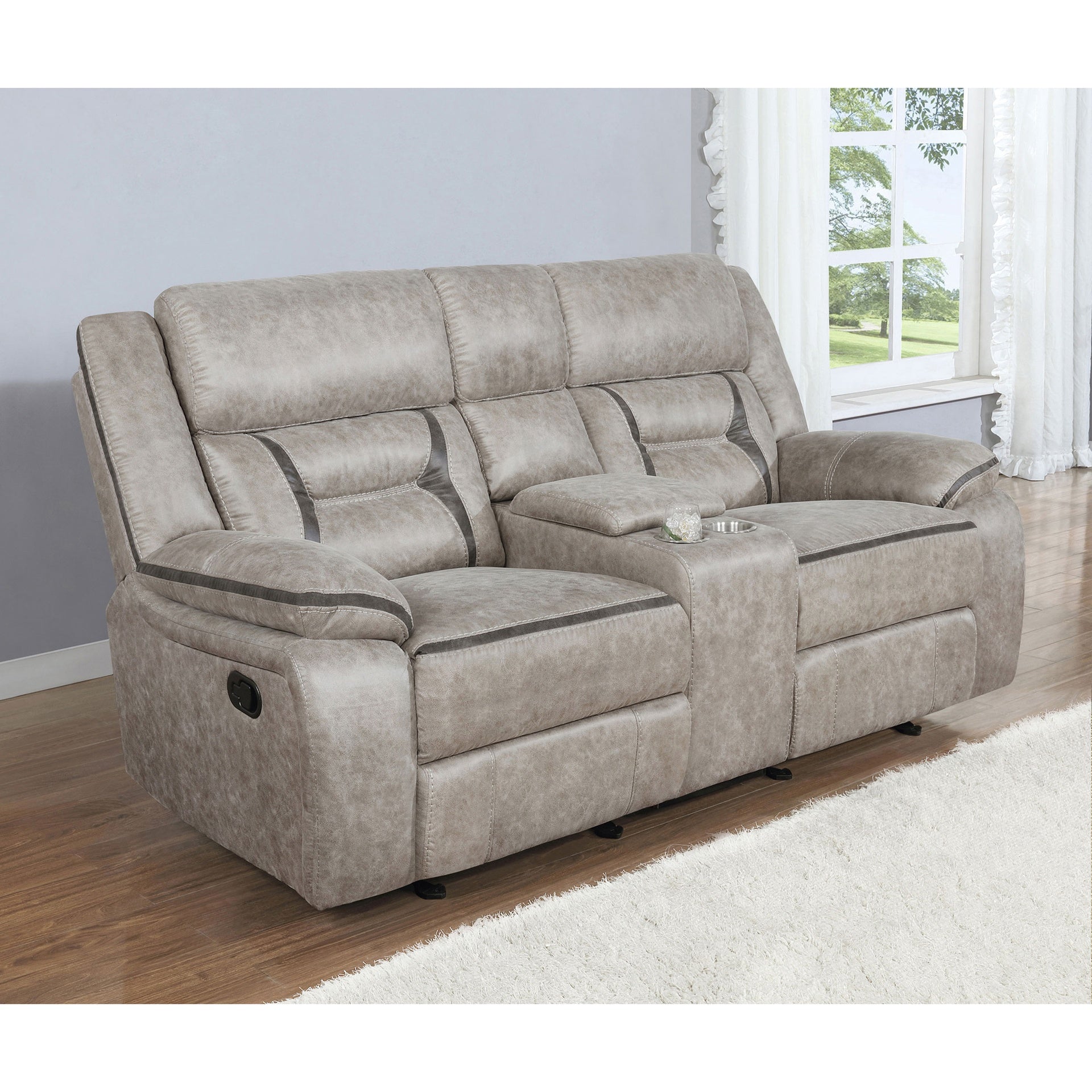 Brazelton Taupe Upholstered Glider Loveseat with Console