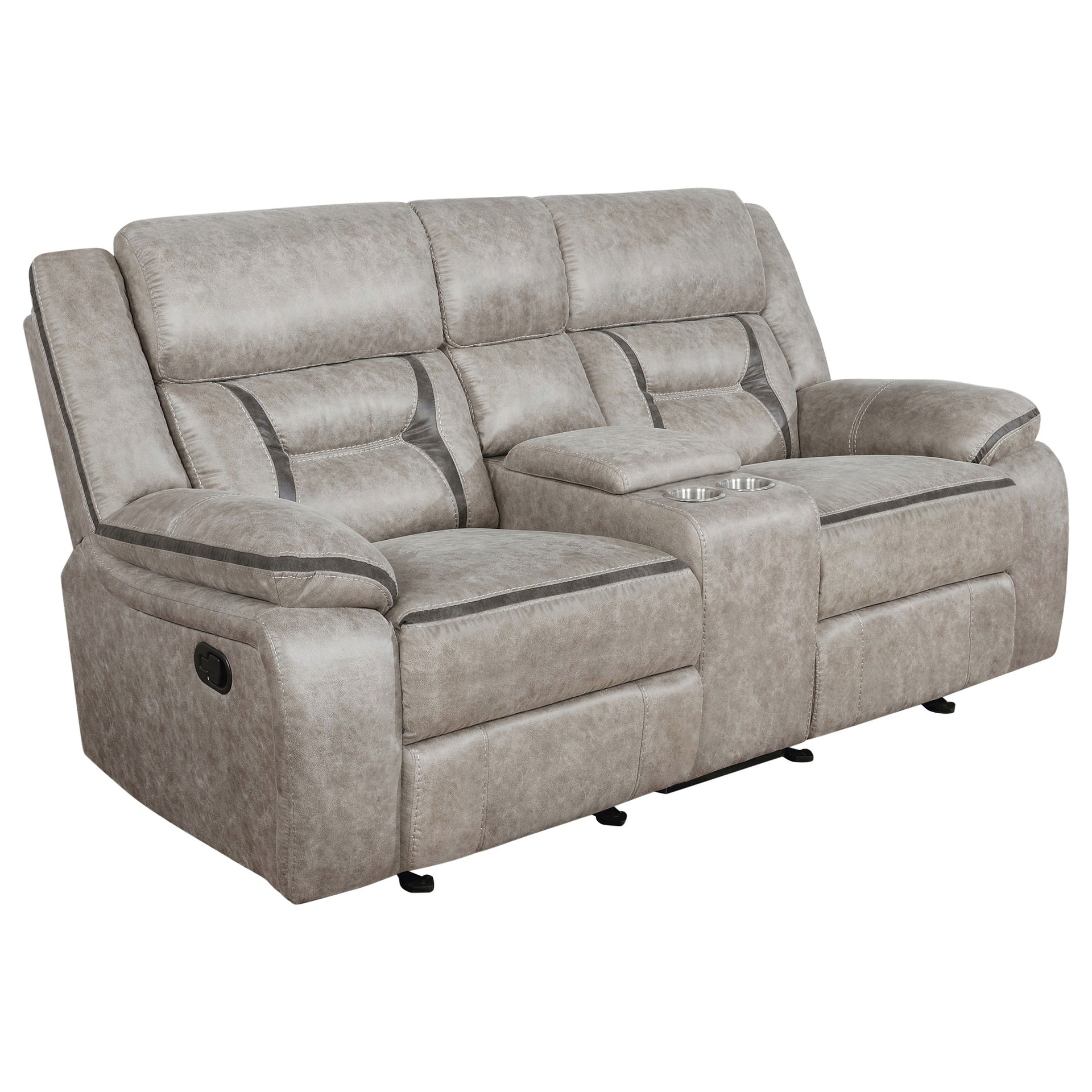 Brazelton Taupe Upholstered Glider Loveseat with Console