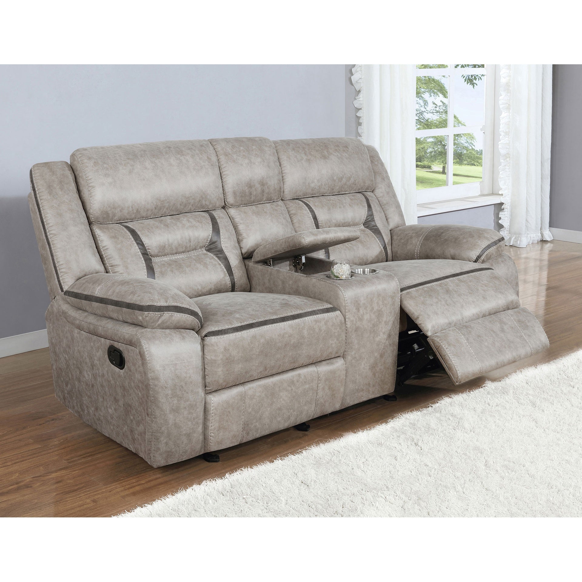 Brazelton Taupe Upholstered Glider Loveseat with Console
