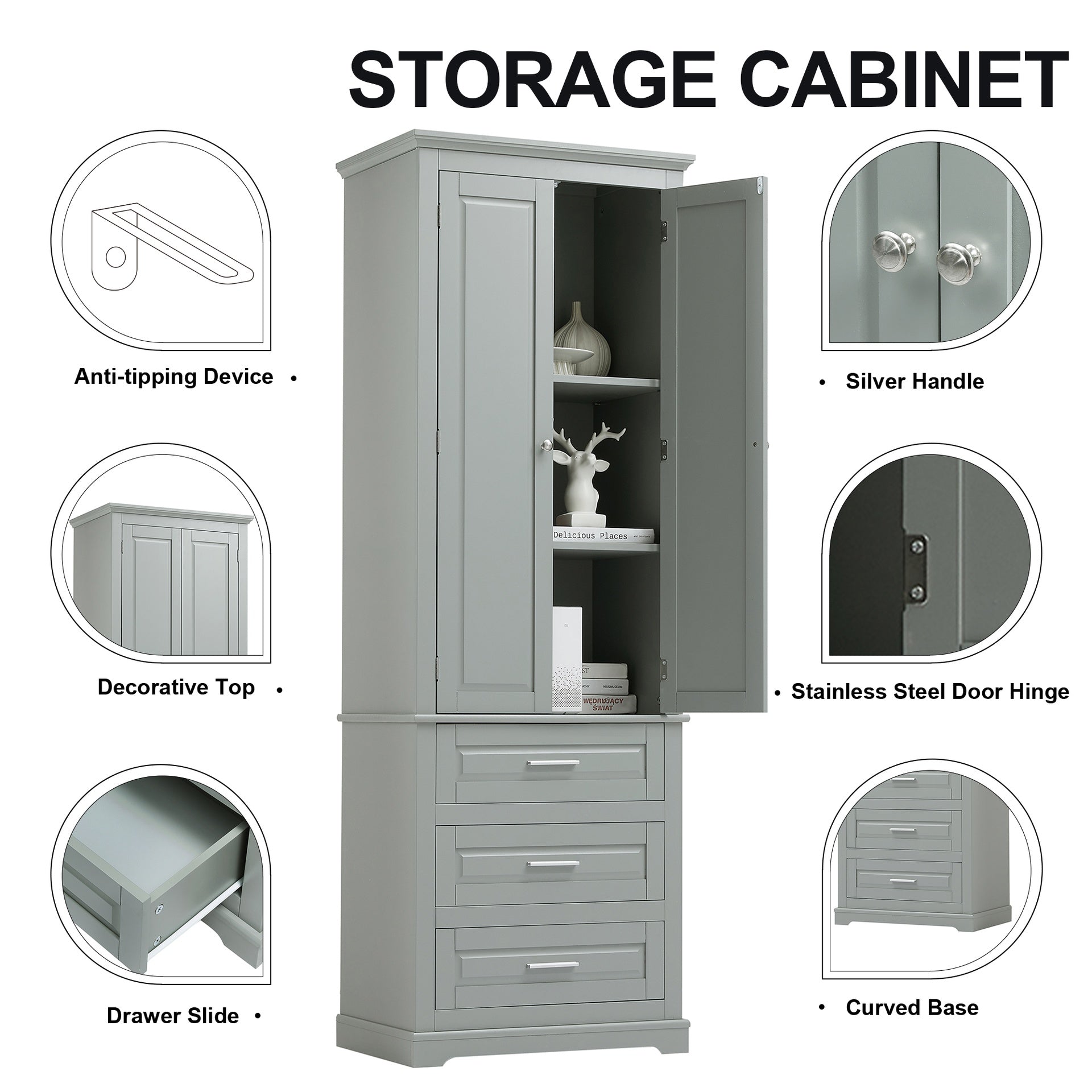 Tall Storage Cabinet with Three Drawers for Bathroom/Office, Grey