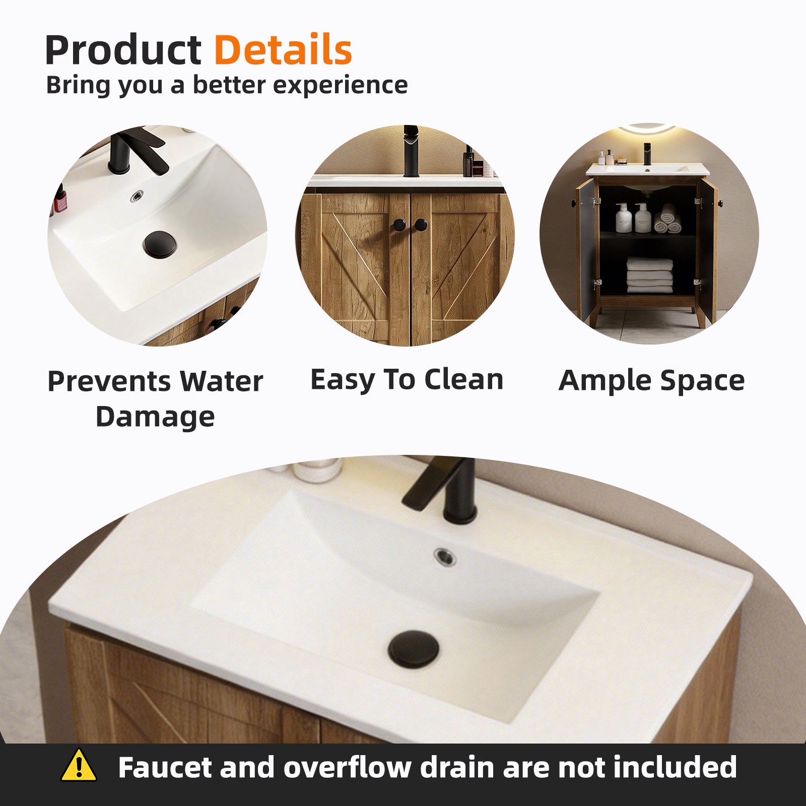 30inch Golden Oak Folding Floor Cabinet With Ceramic Sink– Patented 1-Minute Install, Space-Saving & Easy Assemble,American style
