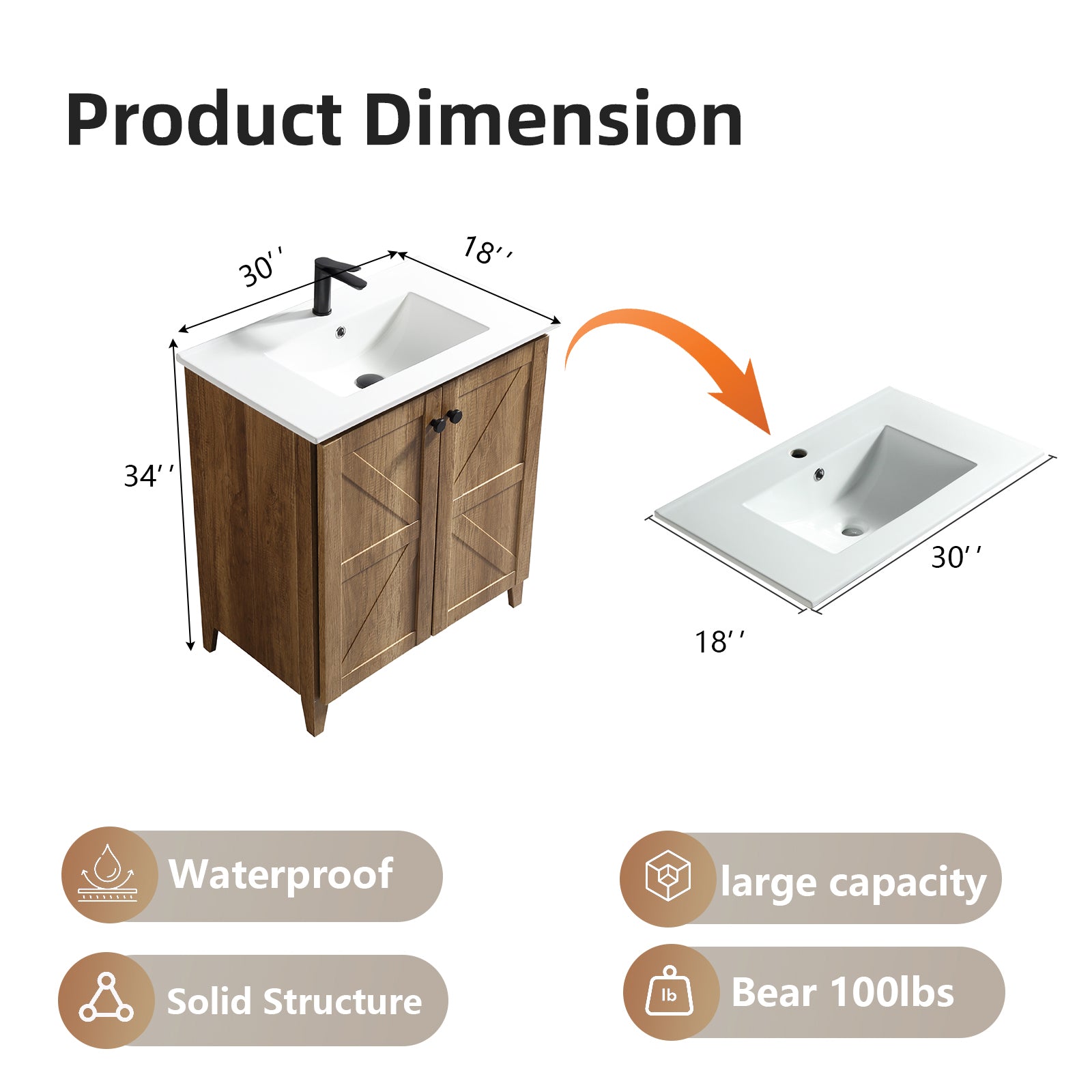30inch Golden Oak Folding Floor Cabinet With Ceramic Sink– Patented 1-Minute Install, Space-Saving & Easy Assemble,American style