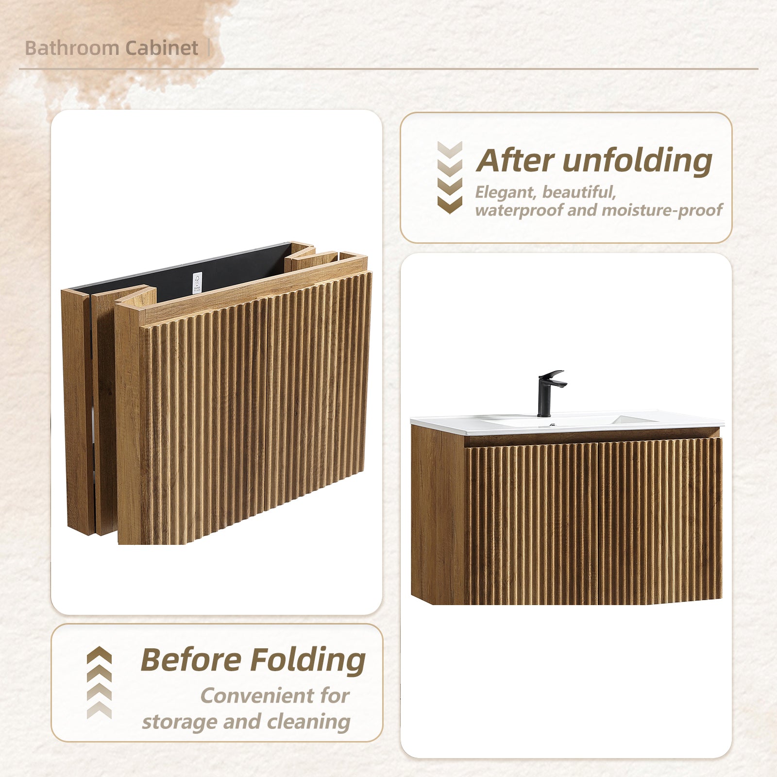 30inch Gloden Oak Folding Wall Cabinet With Creamic Sink– Patented 1-Minute Install, Space-Saving & Easy Assemble,Modern style
