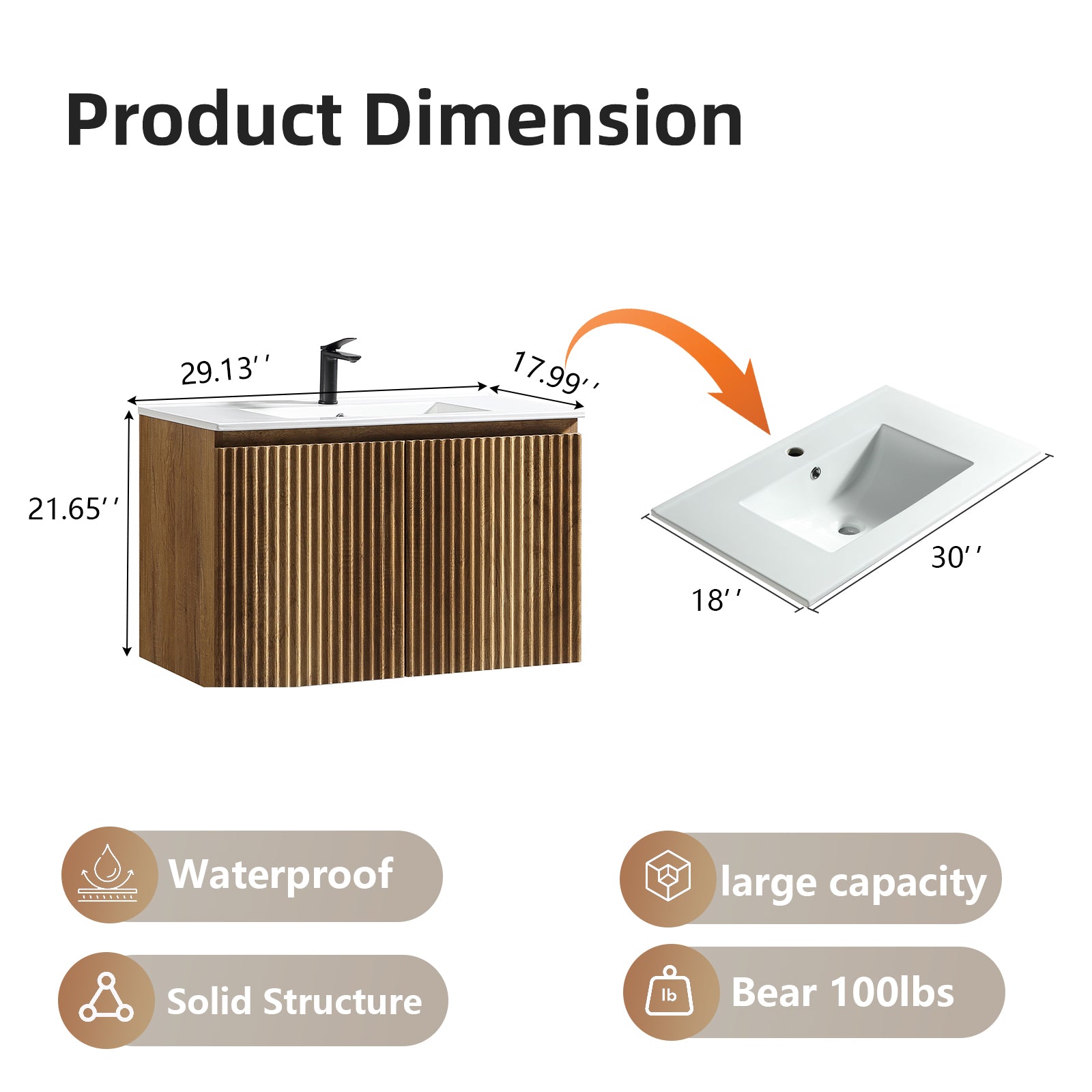 30inch Gloden Oak Folding Wall Cabinet With Creamic Sink– Patented 1-Minute Install, Space-Saving & Easy Assemble,Modern style