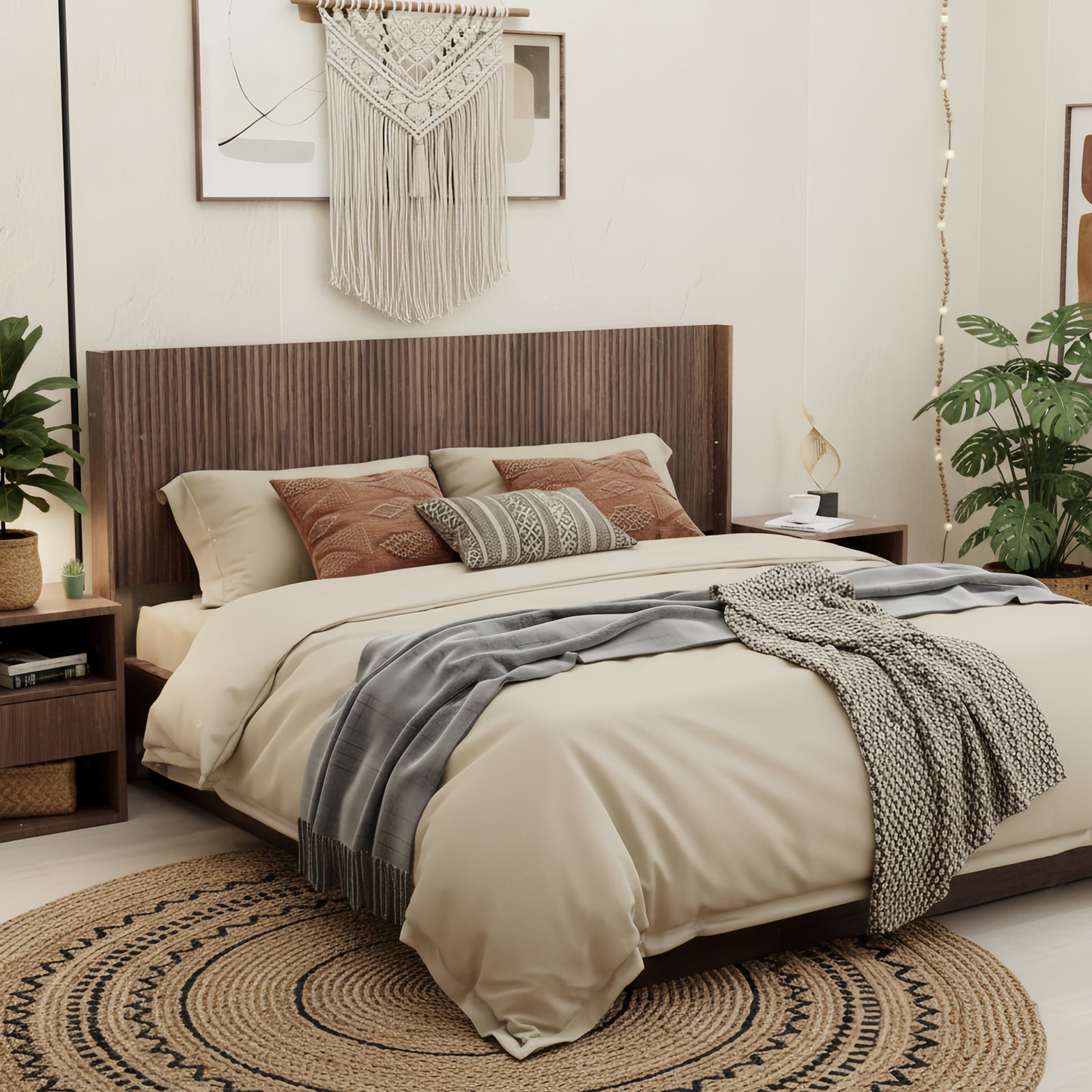 Modern Farmhouse Wood Headboard King Size 80.2 in Wide Wall Mounted Fluted Panel Wingback - Walnut