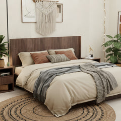 Modern Farmhouse Wood Headboard King Size 80.2 in Wide Wall Mounted Fluted Panel Wingback - Walnut