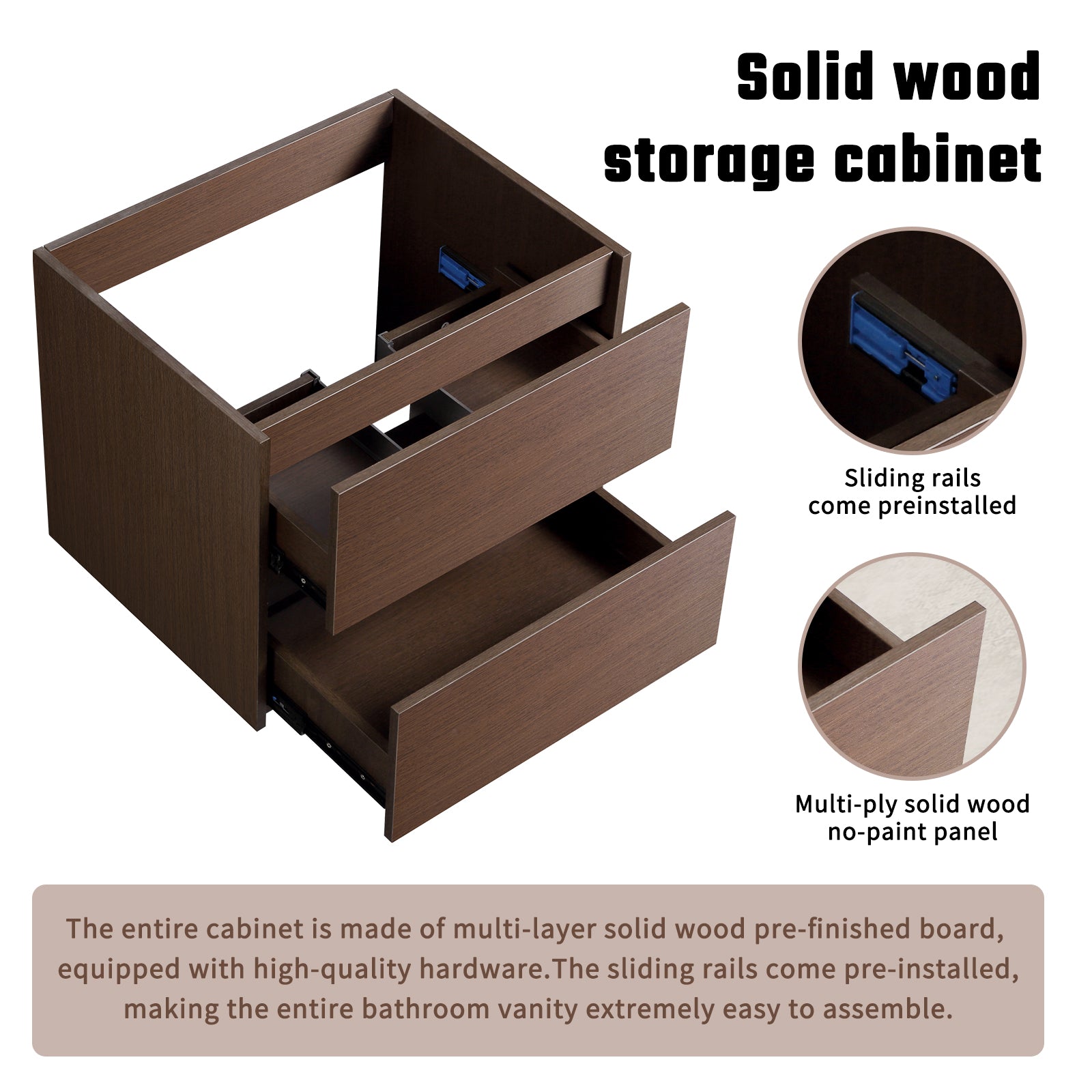 Wall-Mounted Bathroom Vanity  Dark Brown, Easy Assembly, Soft-Close Drawer with Premium Slides, Sturdy Wood Construction, Secure Packaging without sink