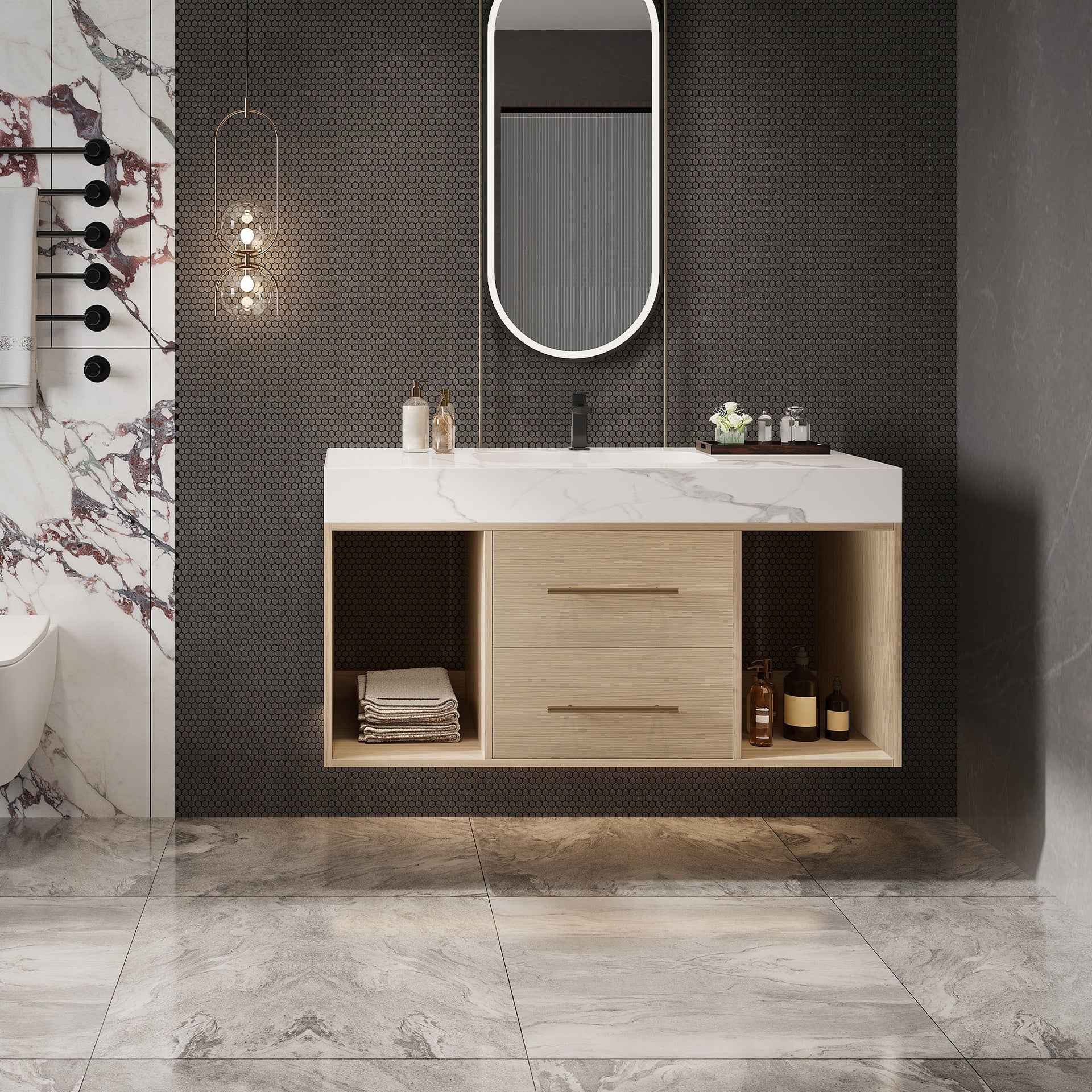 39.4 '' Floating Bathroom Vanity with Ceramic sink,Wall Mounted Vanity 2 Soft Close Drawer and white slate top