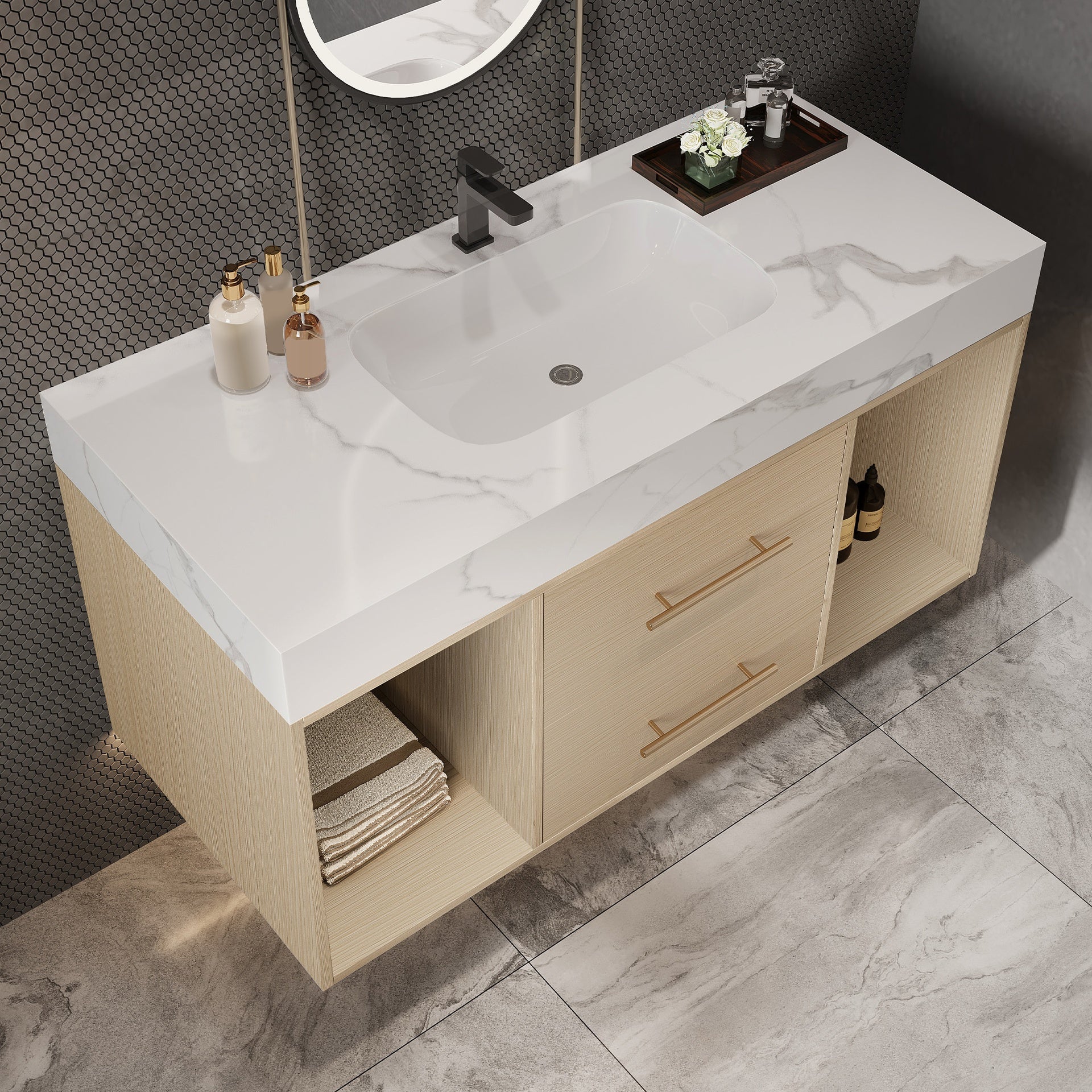 39.4 '' Floating Bathroom Vanity with Ceramic sink,Wall Mounted Vanity 2 Soft Close Drawer and white slate top