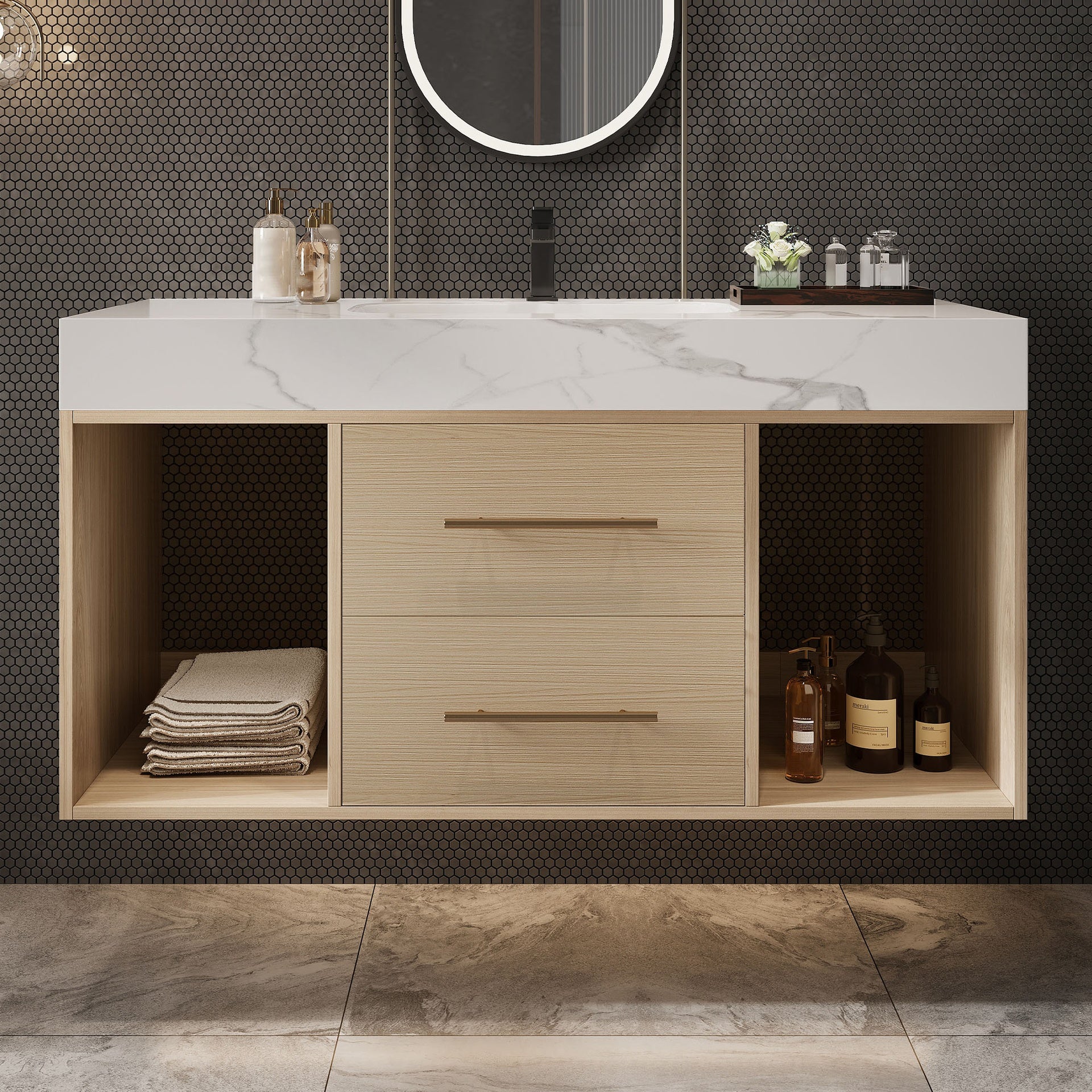 39.4 '' Floating Bathroom Vanity with Ceramic sink,Wall Mounted Vanity 2 Soft Close Drawer and white slate top