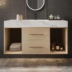 39.4 '' Floating Bathroom Vanity with Ceramic sink,Wall Mounted Vanity 2 Soft Close Drawer and white slate top