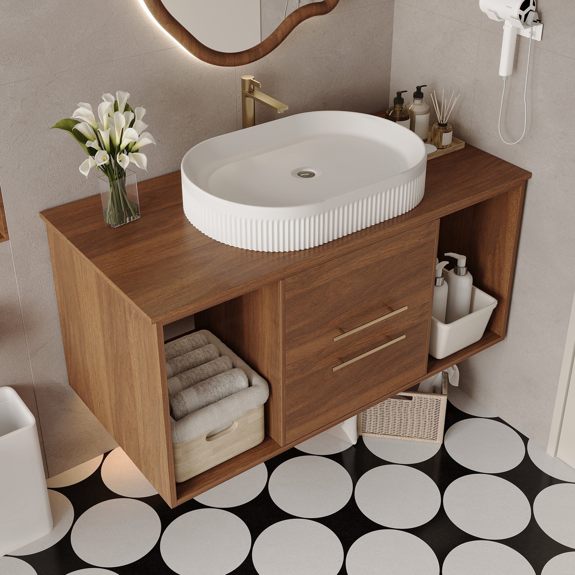 Modern 39.4 Wall-Mounted Bathroom Vanity with Oval Ceramic Sink Floating Vanity Multi-Layer Solid Wood Cabinet Soft-Close Drawers Open Shelf Storage