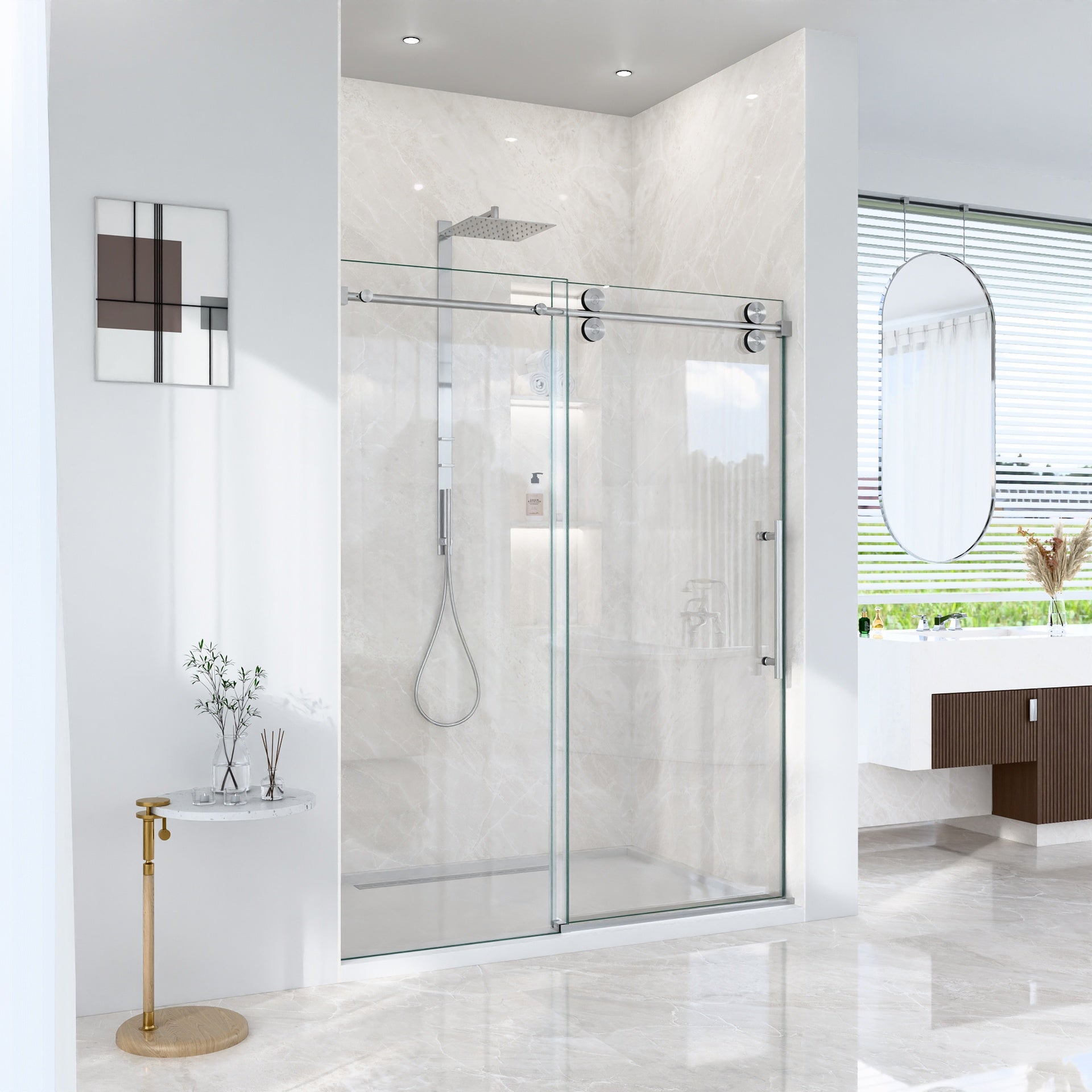 56"-60"W*72" H Frameless Single Sliding Shower Door – 5/16" (8mm) Clear Tempered Glass, Bypass Design with Brushed Nickel Finish